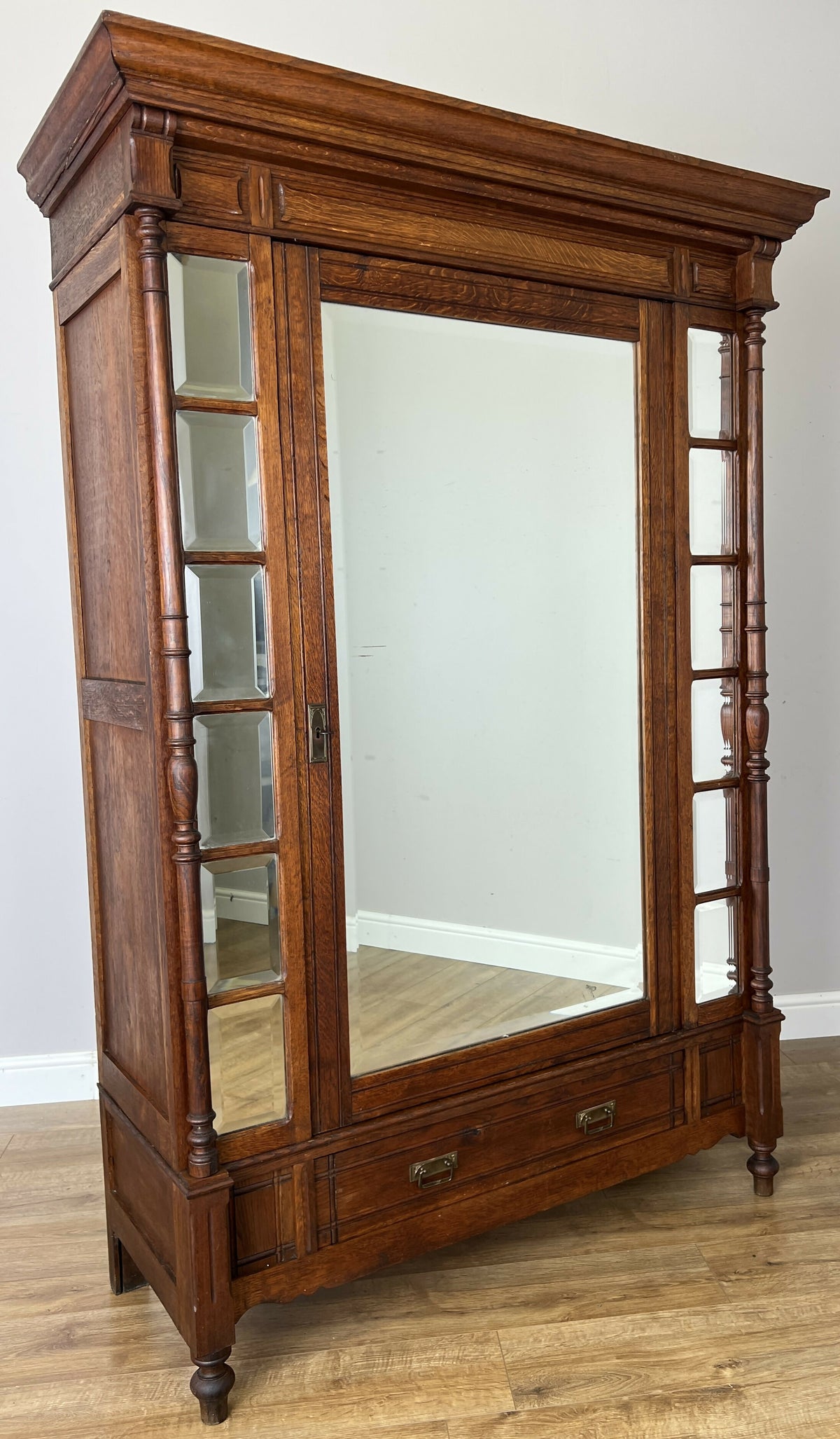 Wardrobe Antique French Style Oak Mirrored Door Carved Armoire LOT 6539