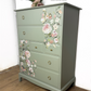 Refinished Stag Minstrel Tallboy Chest Of Drawers in Pale Green with delicate pink floral design