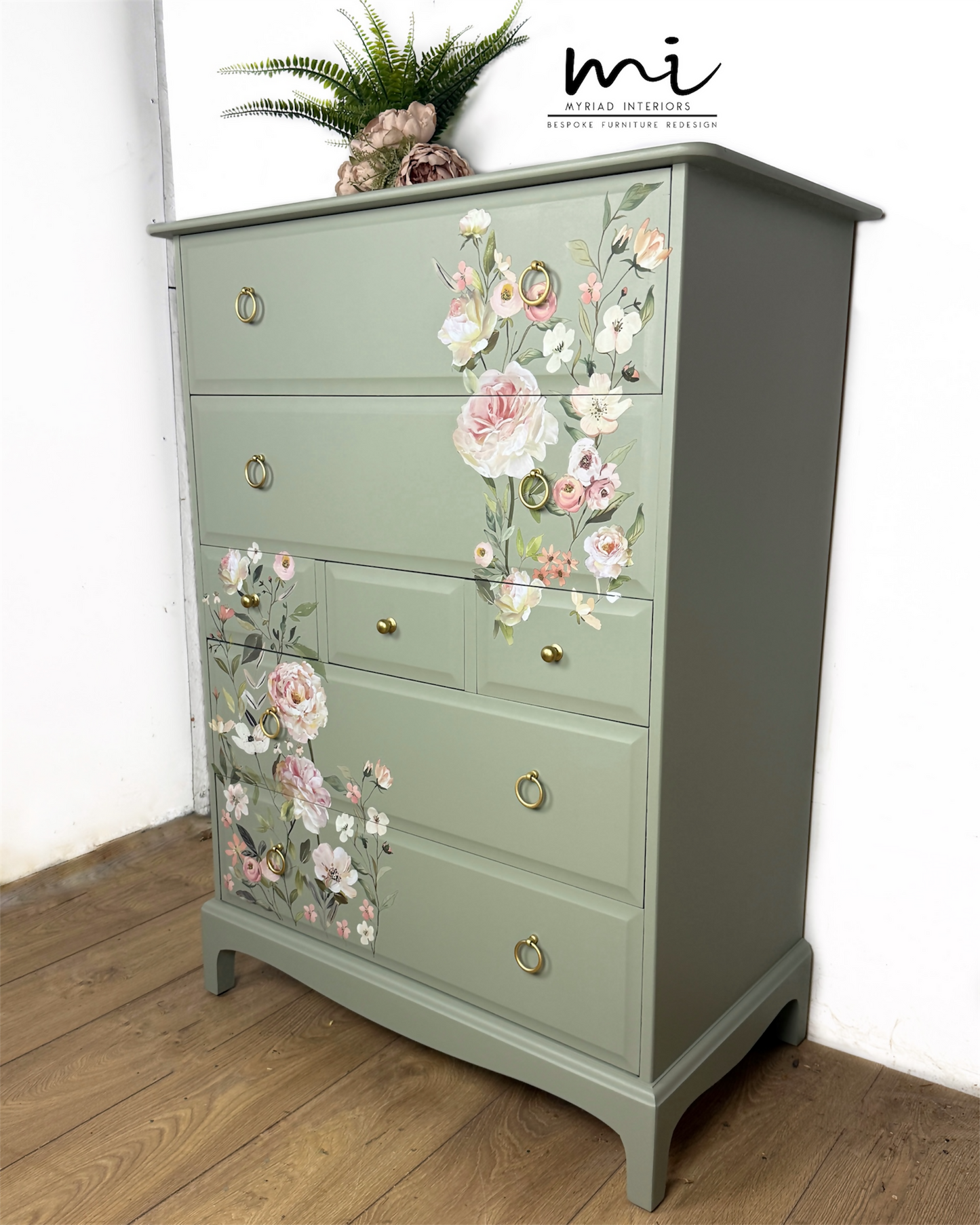 Refinished Stag Minstrel Tallboy Chest Of Drawers in Pale Green with delicate pink floral design
