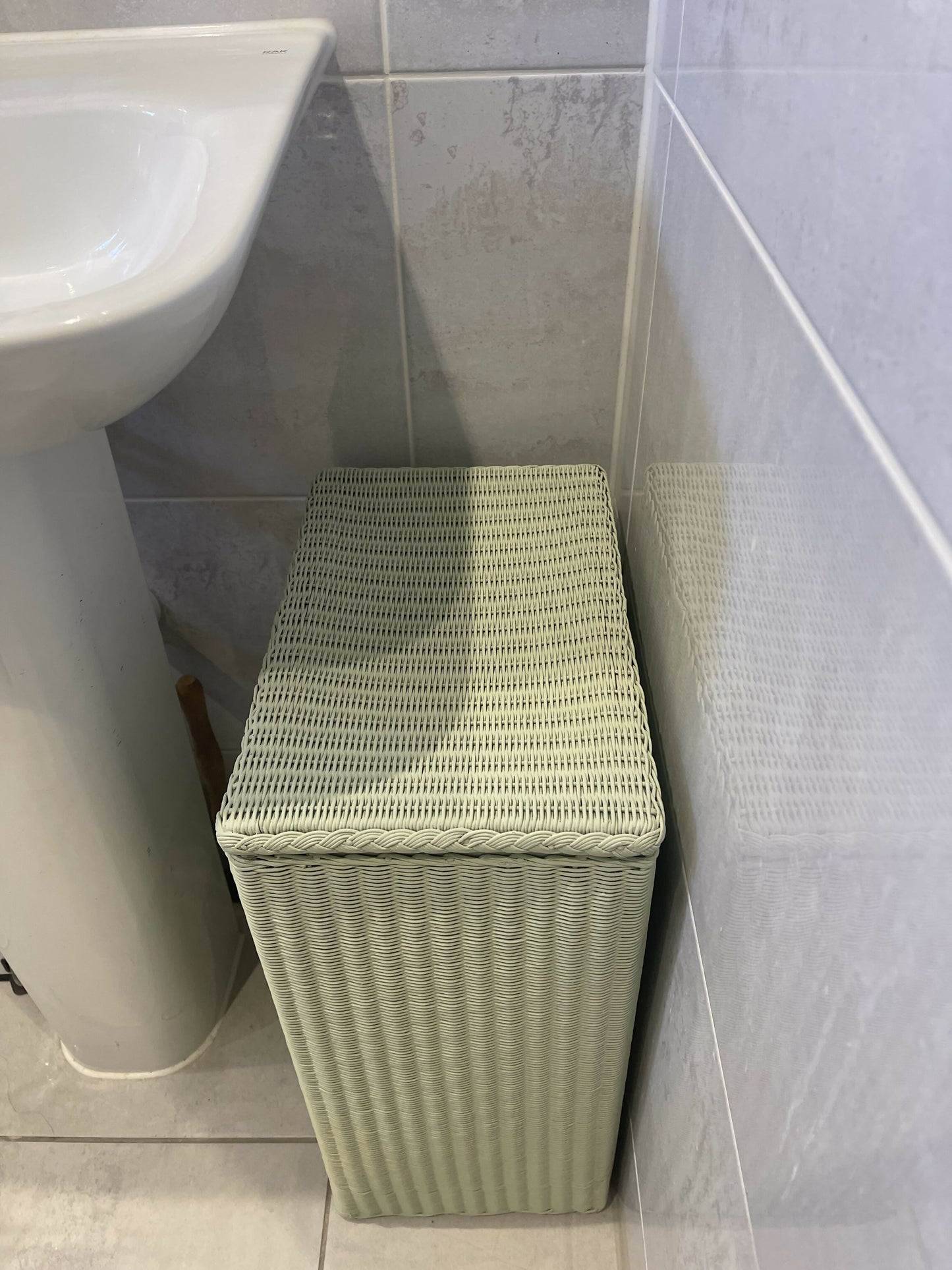 Lloyd loom 1951 laundry basket- recently refreshed in light green chalk paint