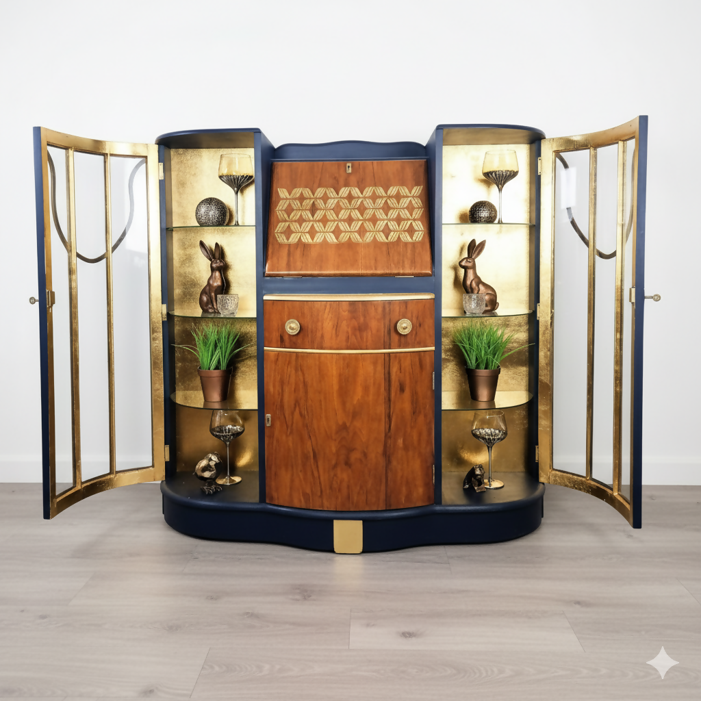 MADE TO ORDER. navy blue and gold cocktail cabinet cabinet