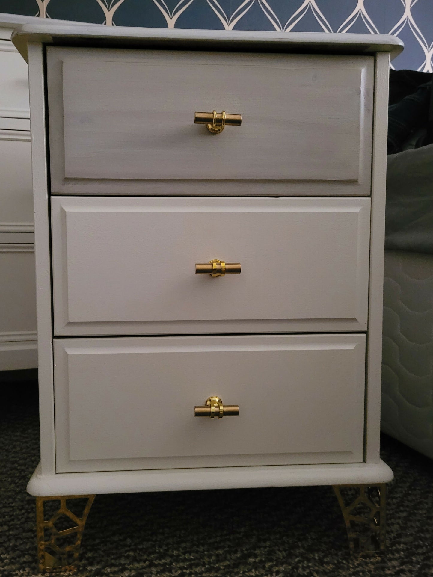 White/Cream and gold vintage bedroom set. Upcycled chest of drawers and bedside tables
