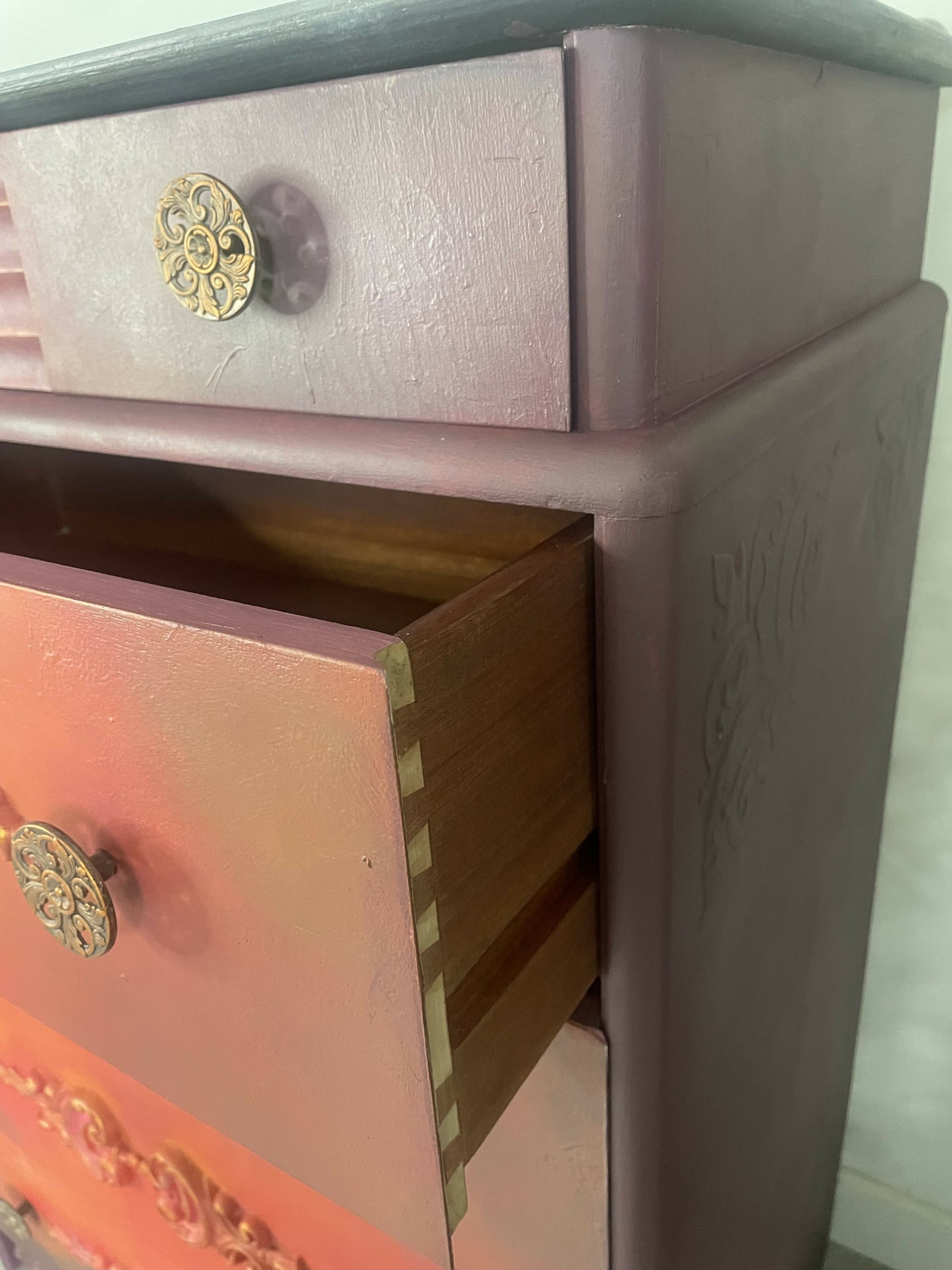 Vintage Stag Chest of Drawers Hand Painted, Red Orange