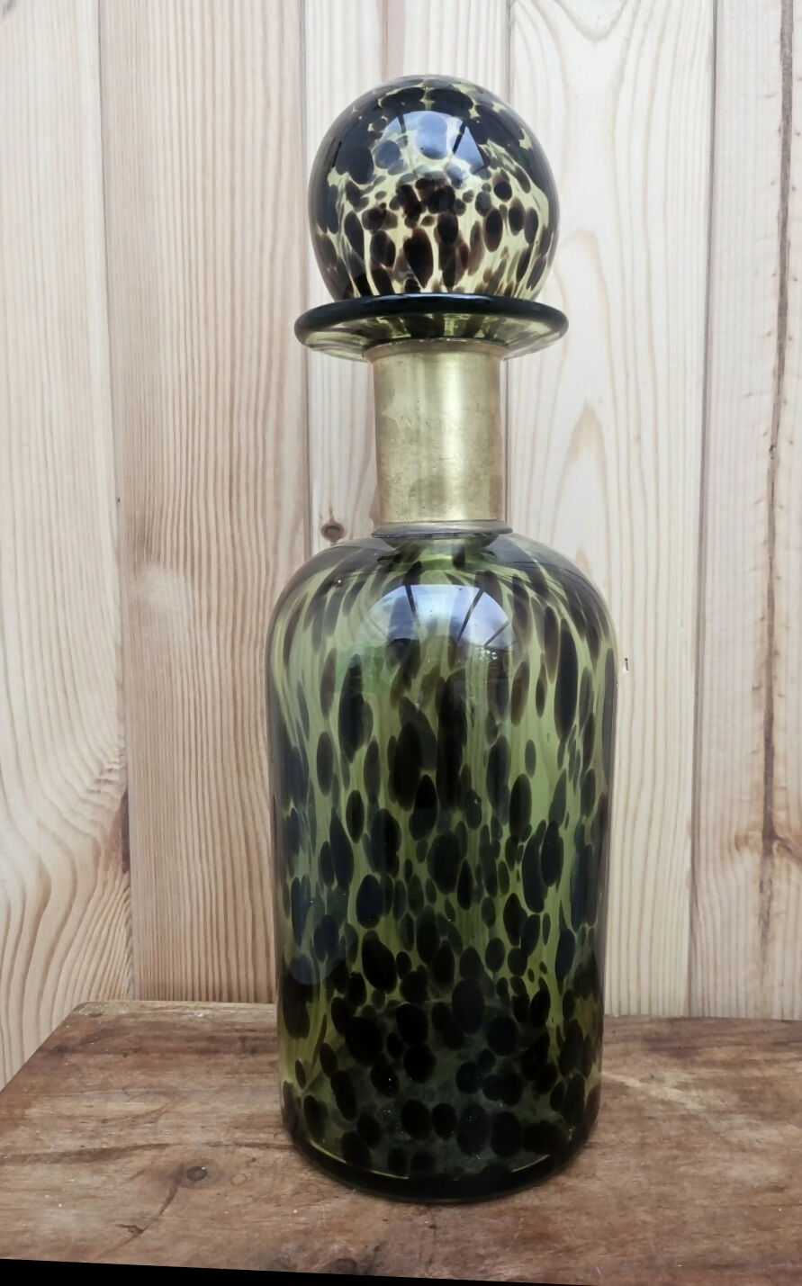 Green Glass Apothecary Bottle with Brass Collar