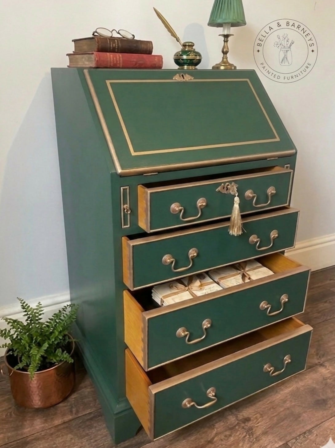 Vintage Green & Gold Writing Bureau Desk
