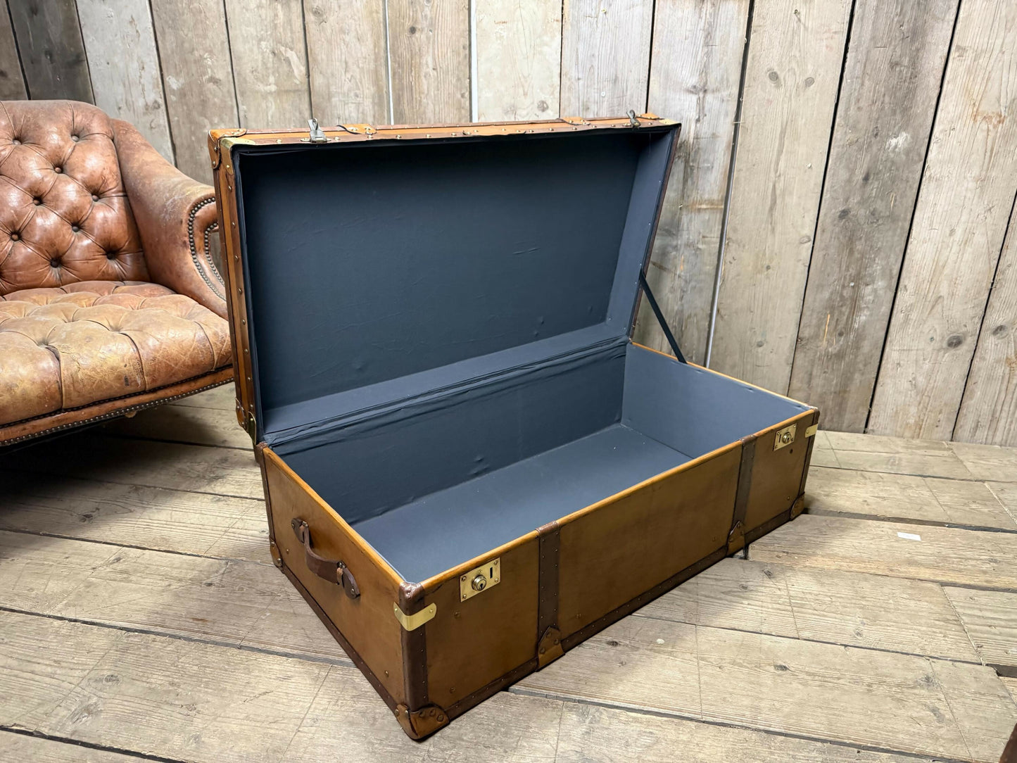 XL Tan Leather English Coffee Table Trunk