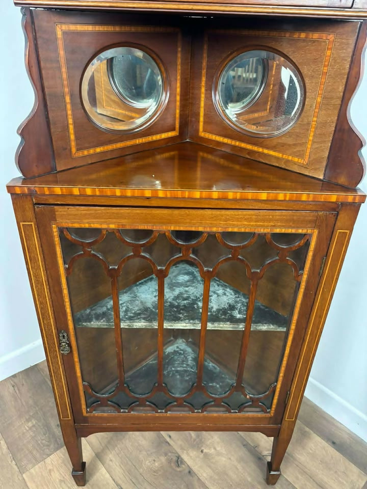 Edwardian Mahogany Inlaid Glass Fronted Corner Cabinet