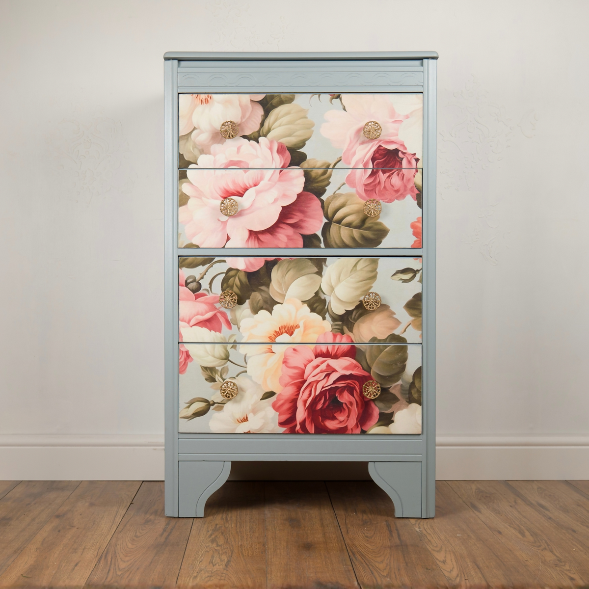 Vintage Lebus Dressing Chest, Chest of Drawers, Lift-Up Mirror, Floral Upcycled Furniture