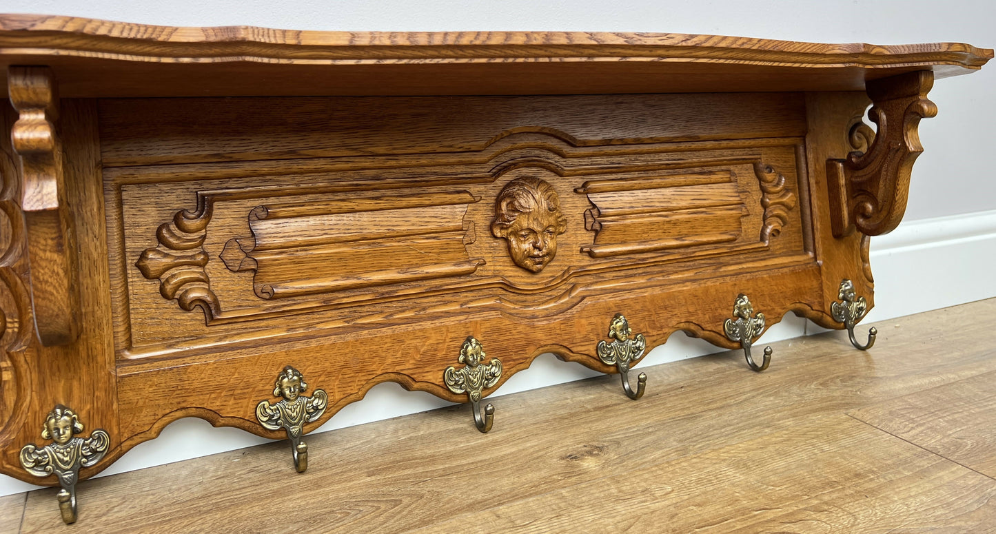 Coat Rack Vintage French Oak Wall Mounted 6 Hooks Carved Rack Hanger LOT 6304
