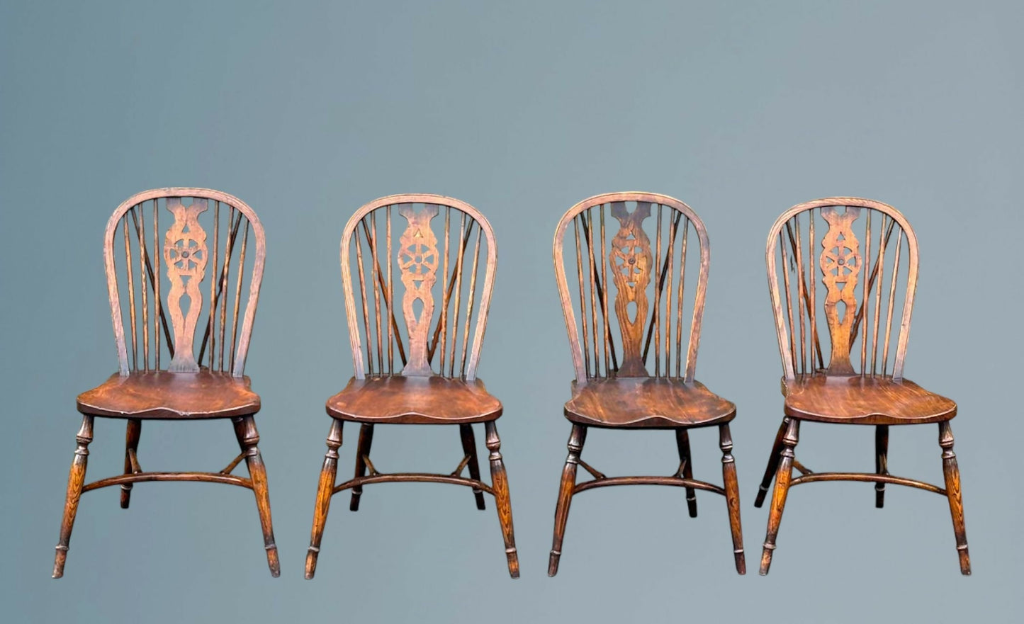 Set of Four Elm Windsor Wheel Back Chairs
