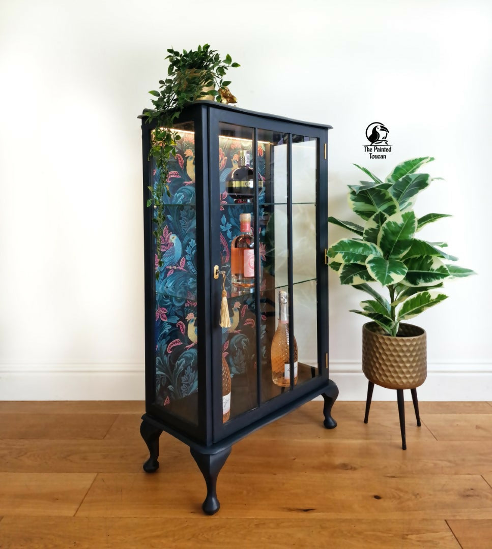 Upcycled Vintage Drinks Cabinet | Painted Dark Navy Tropical Decoupage Glazed Home Bar | Cocktail Cabinet