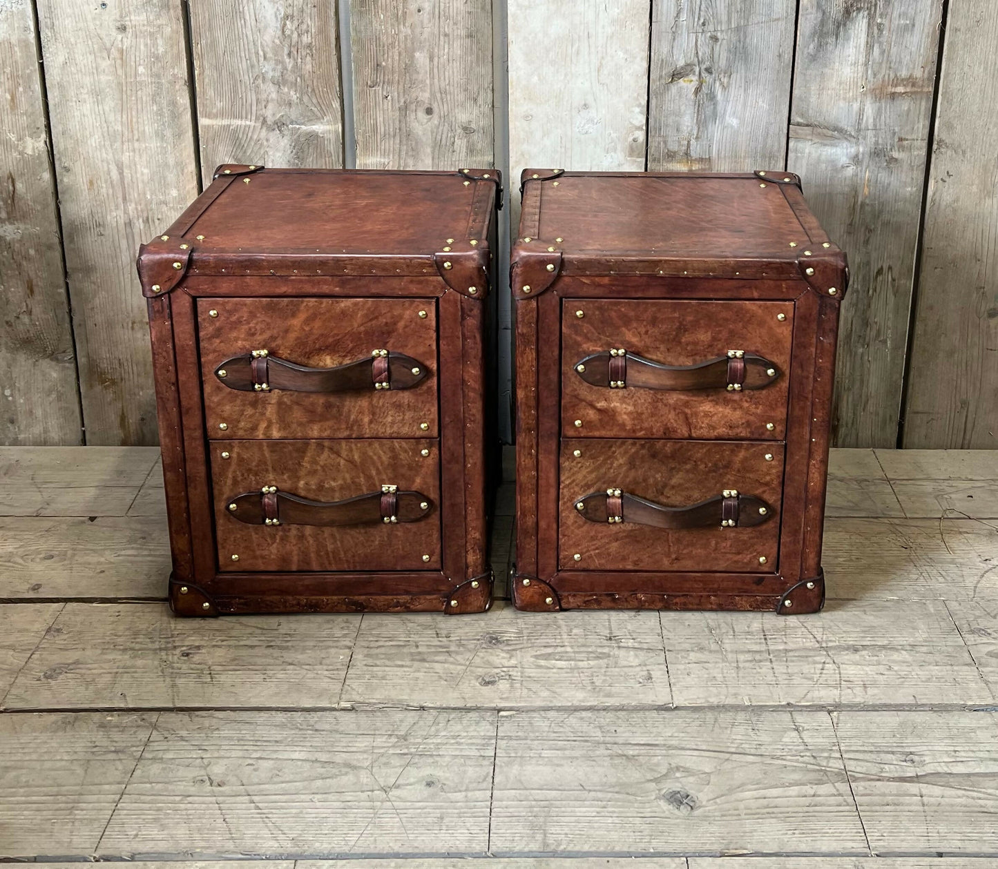Bespoke English vintage bedside cabinets - custom wood framed - luxury hand dyed leather nightstands