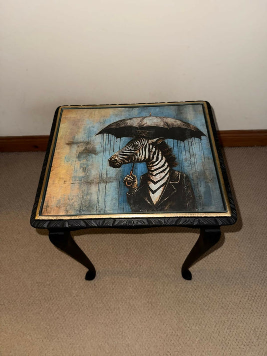 Hand Painted Decoupage Side Table with Glass Top – One of a Kind Zebra Design