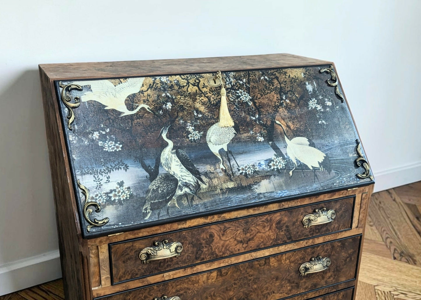 Solid walnut chinoisorie burr wood black gold bureau desk drawers