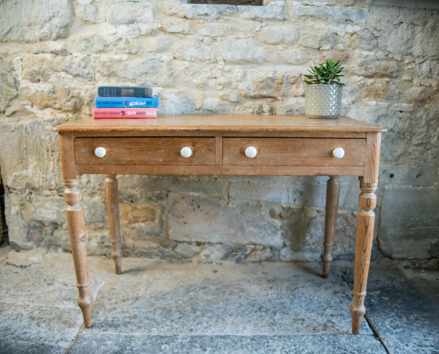 Antique Pine Console Table with Drawers & White Knobs