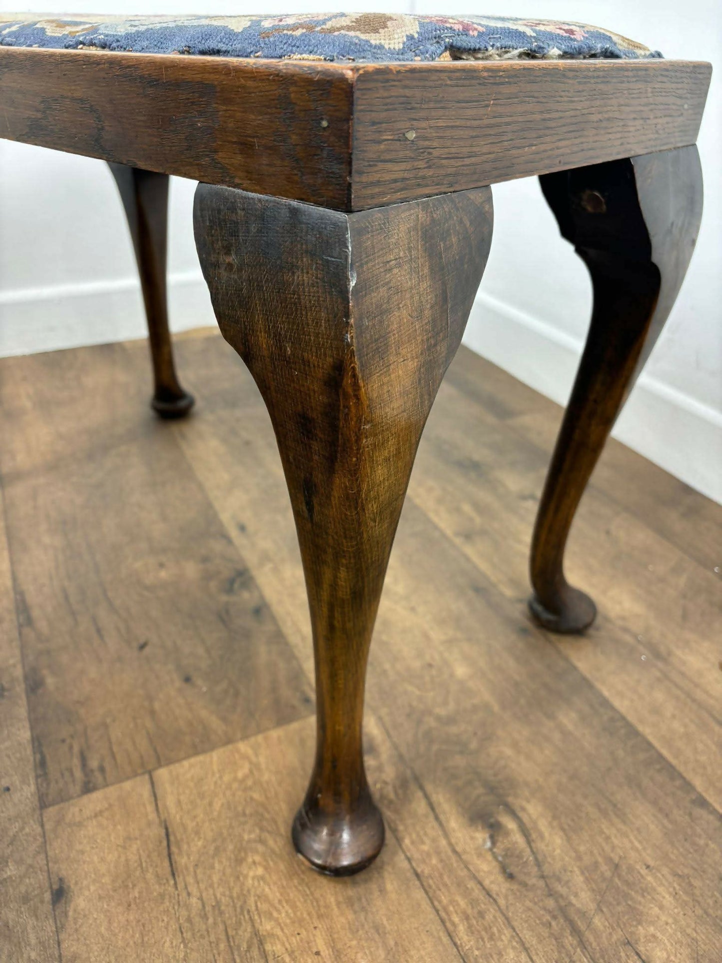 Vintage Oak Stool With Floral Tapestry Top