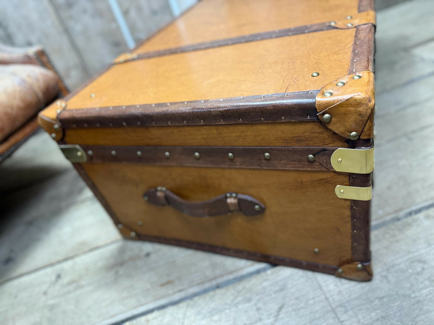 XL Tan Leather English Coffee Table Trunk