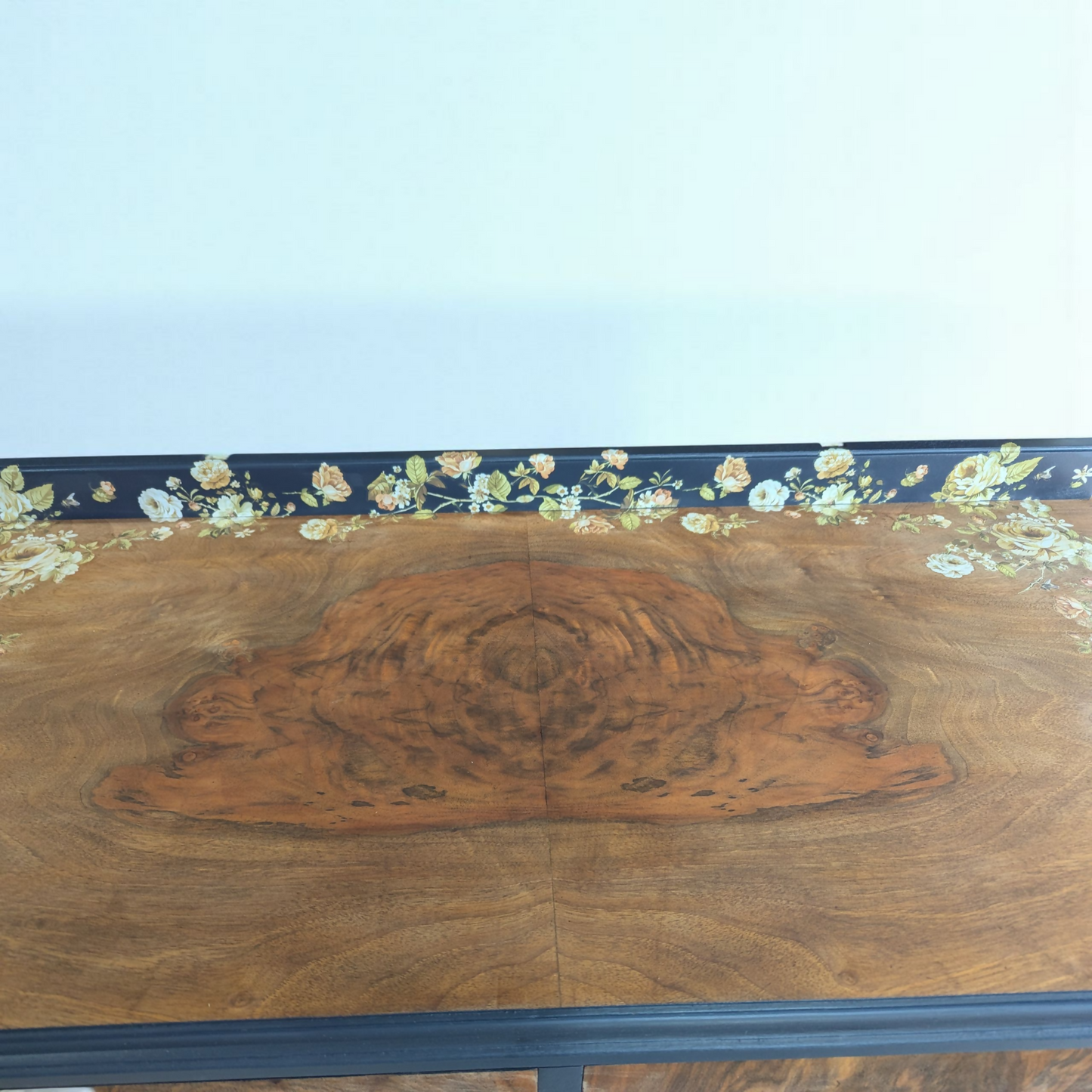 Vintage art deco navy blue and gold dressing table, walnut burr wood desk