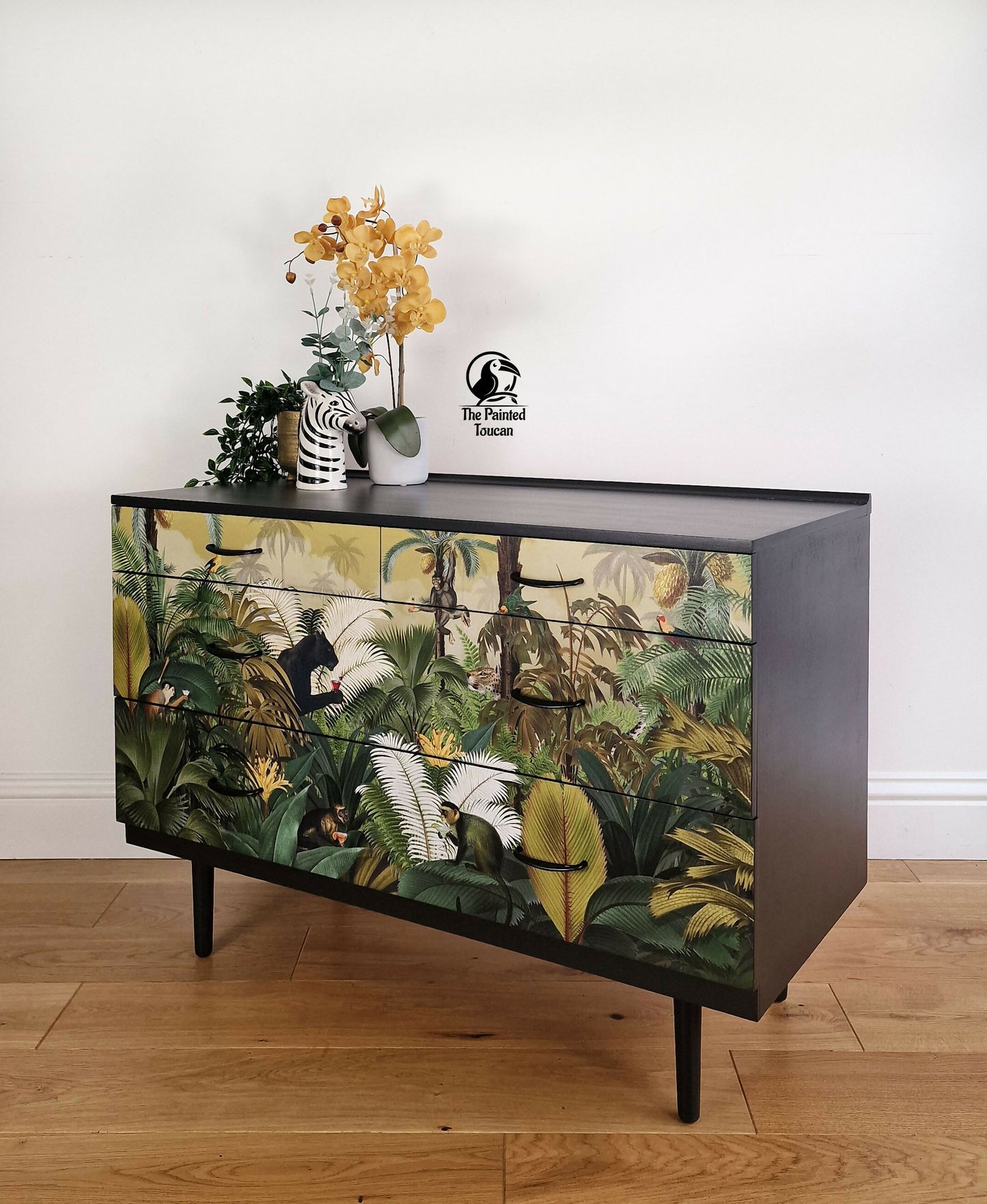 Black Mid-Century Modern MCM Stag Chest of Drawers with Jungle Decoupage