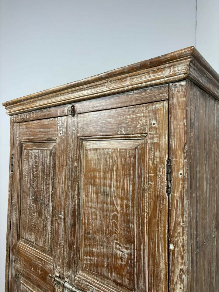 Vintage Indian Rustic Wooden Cupboard with Lime Wash Finish