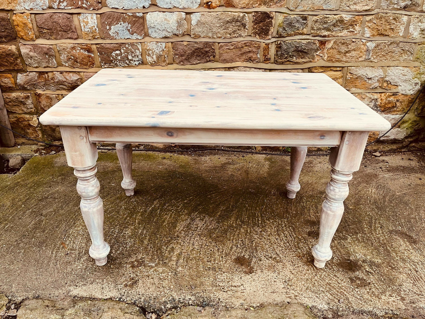 Stripped Pine Farmhouse Dining Table | Solid Wood Country Kitchen Table | Turned Legs Rustic Cottage Table