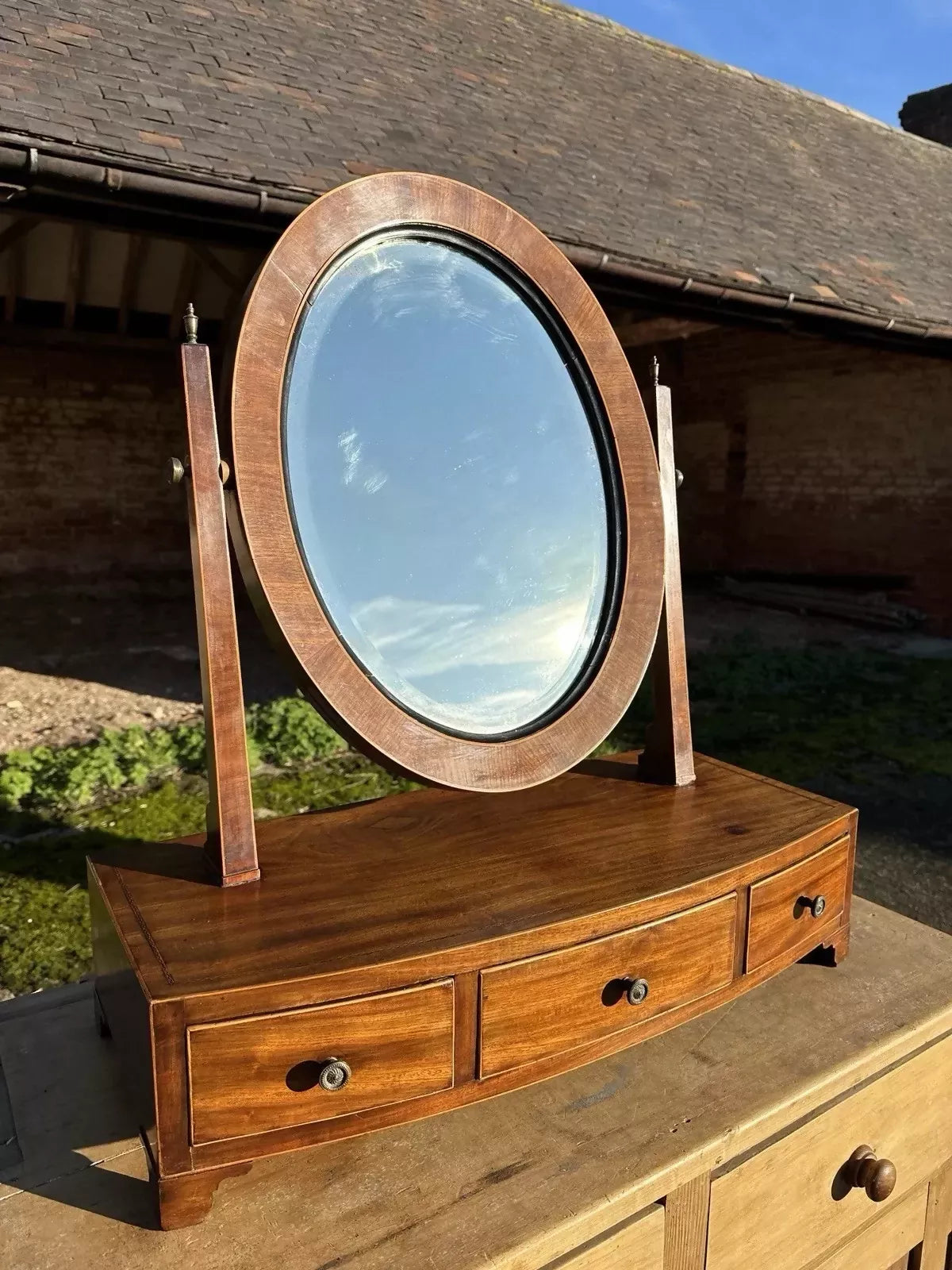 Antique Georgian Large Mahogany Tilting Oval Vanity Dressing Table Mirror