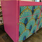 Midcentury Retro Sideboard TV Unit. Pink Teal Peacock Print Painted Upcycled Furniture