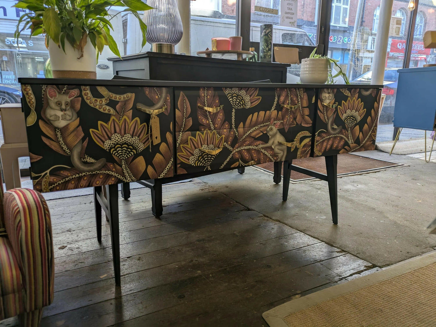 Midcentury Modern Charcoal Grey Sideboard: Animal Print TV Unit