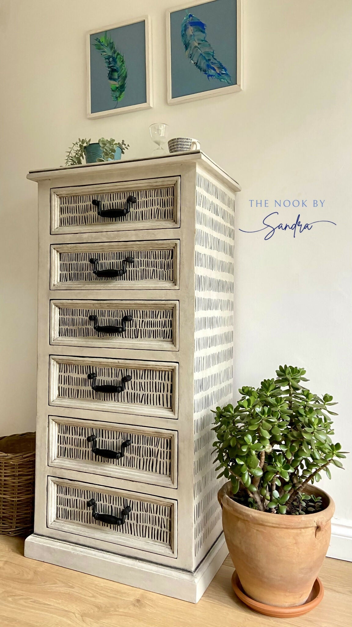 Hand-Painted Tallboy Chest of Drawers in Artisan Dash Pattern, Upcycled Furniture