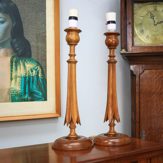A Pair of Wooden Carved Walnut Table lamps