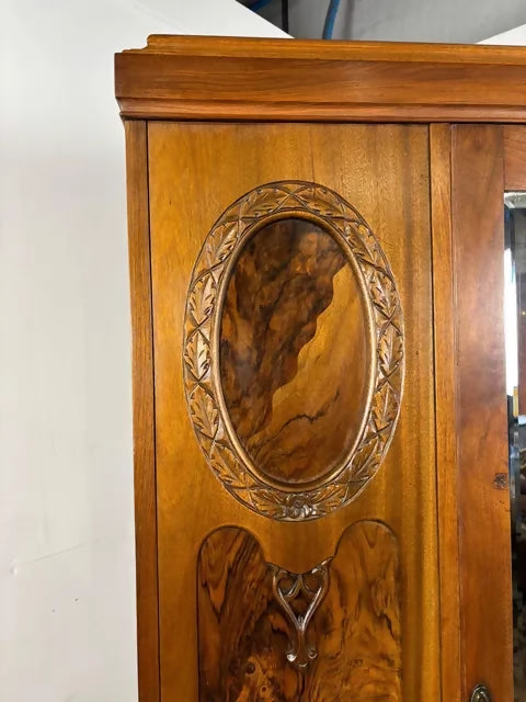 Edwardian Walnut Single Door Mirrored Wardrobe with Carved Panels