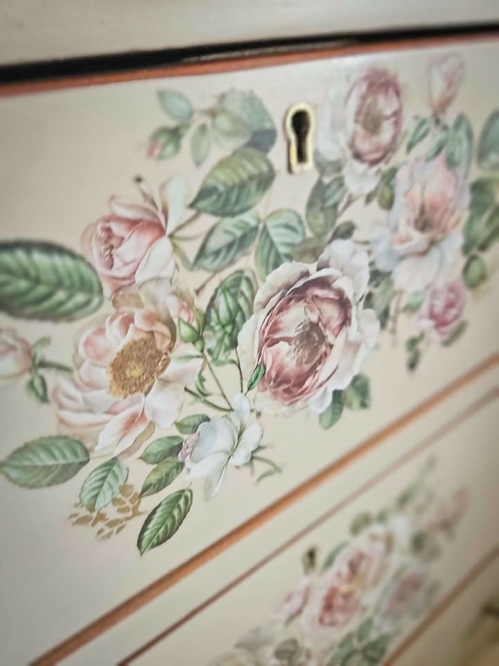 Large Upcycled wooden Chest of Drawers, with floral transfers and glass top