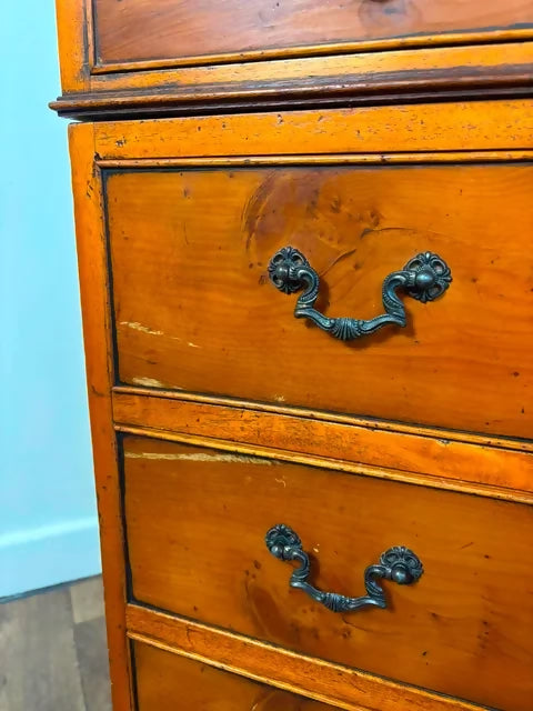 Reproduction Yew Wood Pedestal Desk with Green Leather