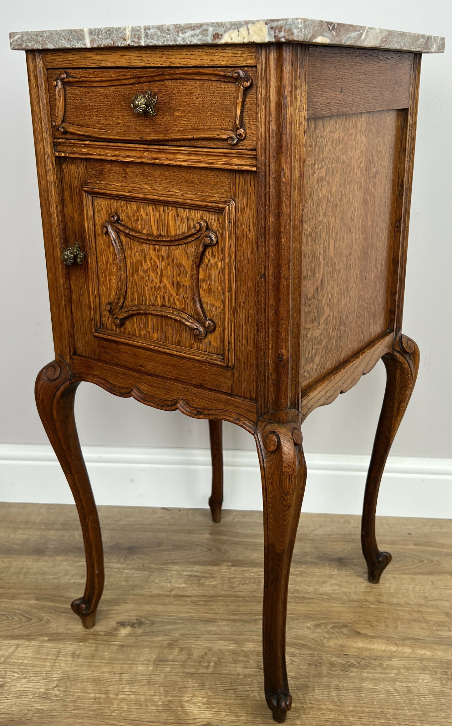 Bedside Table Antique French Marble Top Oak Cabinet Carved Cupboard LOT 6394