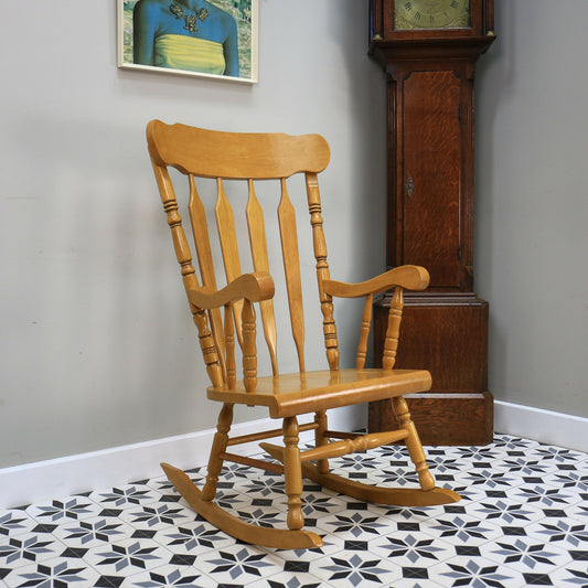 Rocking Chair Solid Wood with Exaggerated Slat Back and Turned Spindles