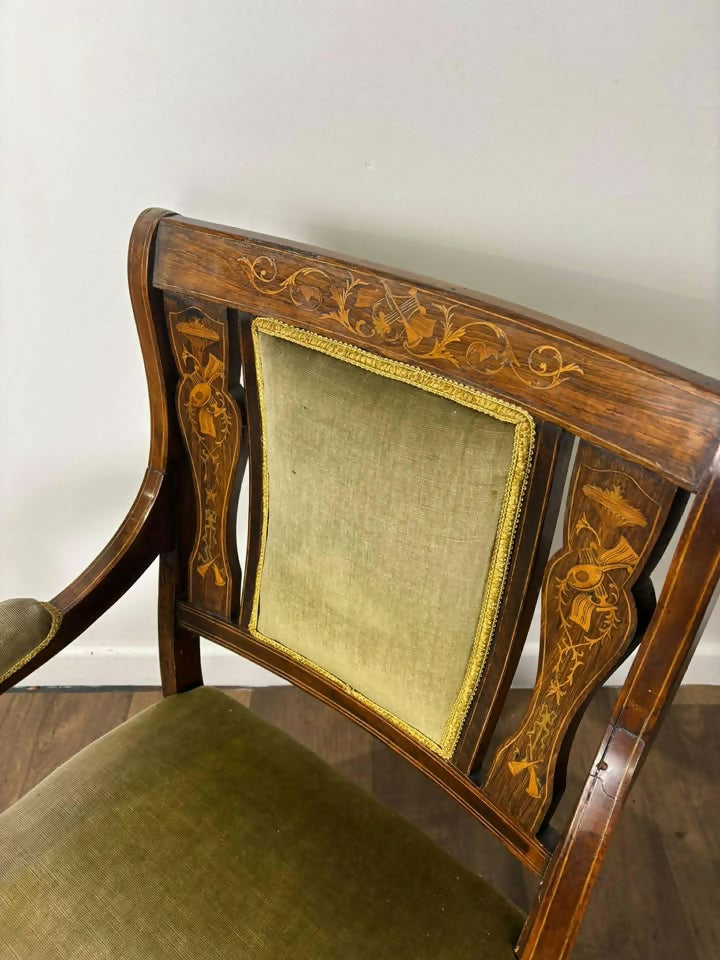 Pair Of Victorian Rosewood Inlaid Armchairs with Green Velvet Upholstery