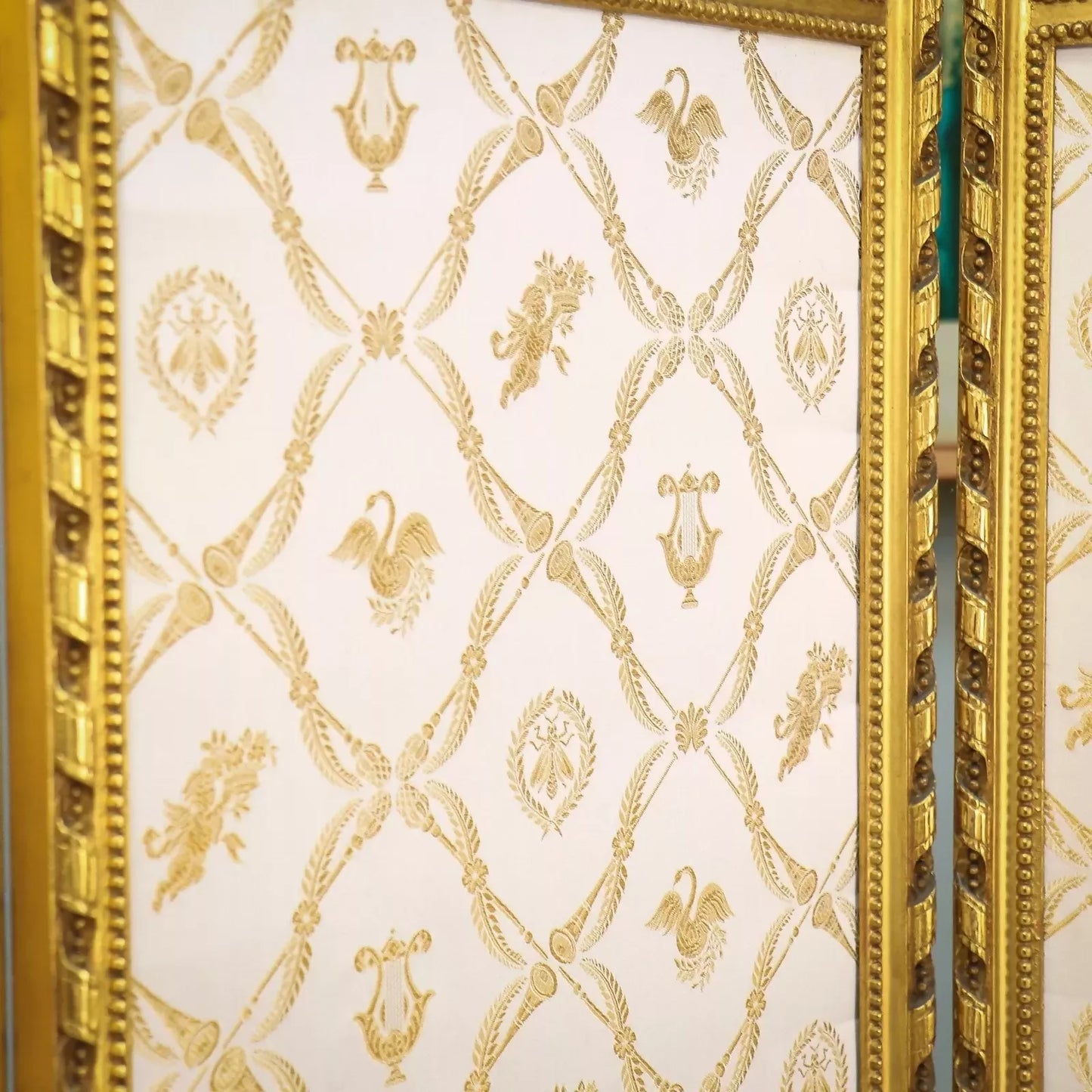Folding Screen Room Divider Gilt Wood French Empire Style Paravent Silk and Glas