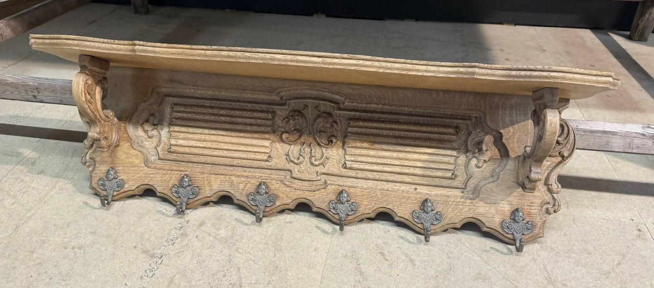 Pretty French Oak Wall Shelf / Coat Rack