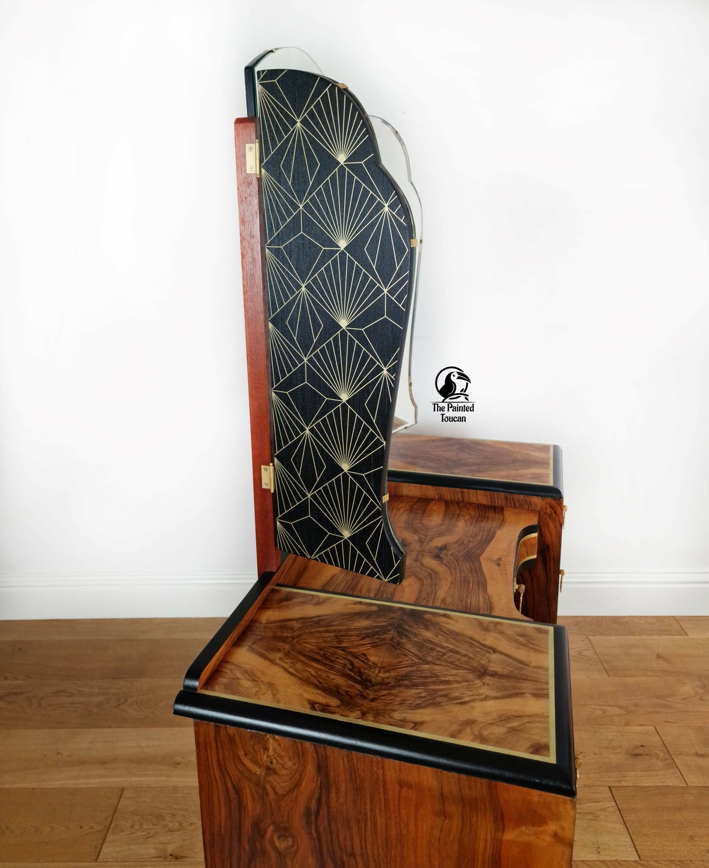 Restored 1940s Art Deco Burr Walnut Dressing Table - Black and Gold