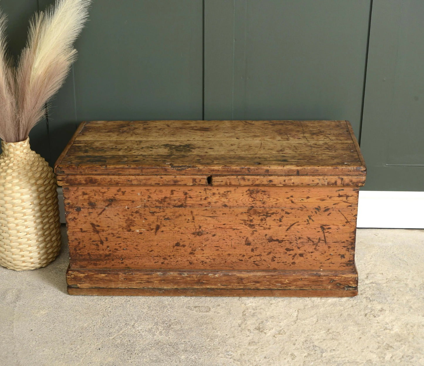 Antique Pine Trunk Box - Toy Chest - Hall Storage - Blanket Box Painted Ship