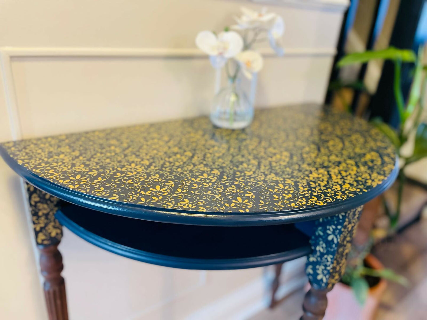Half Moon Hall Table Upcycled/Refurbished Blue and Gold