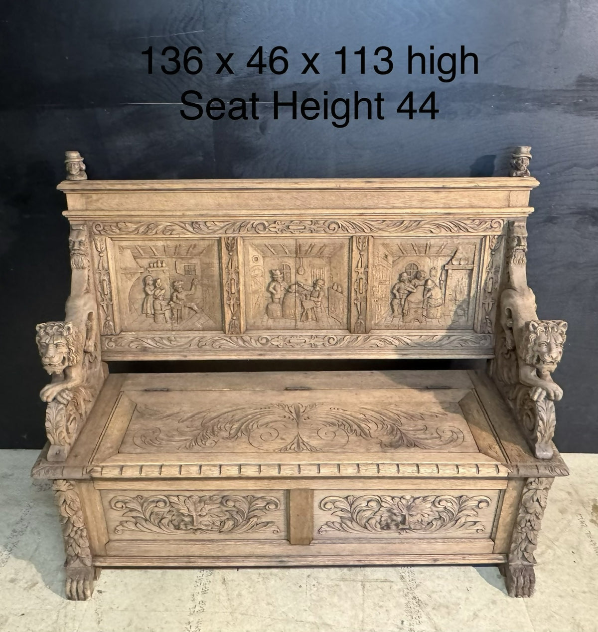French Carved Oak Tavern Scene Bench