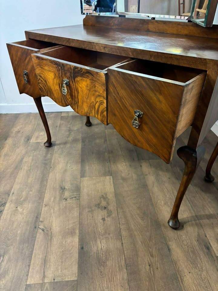 Vintage Walnut Veneered Triptych Mirror Dressing Table