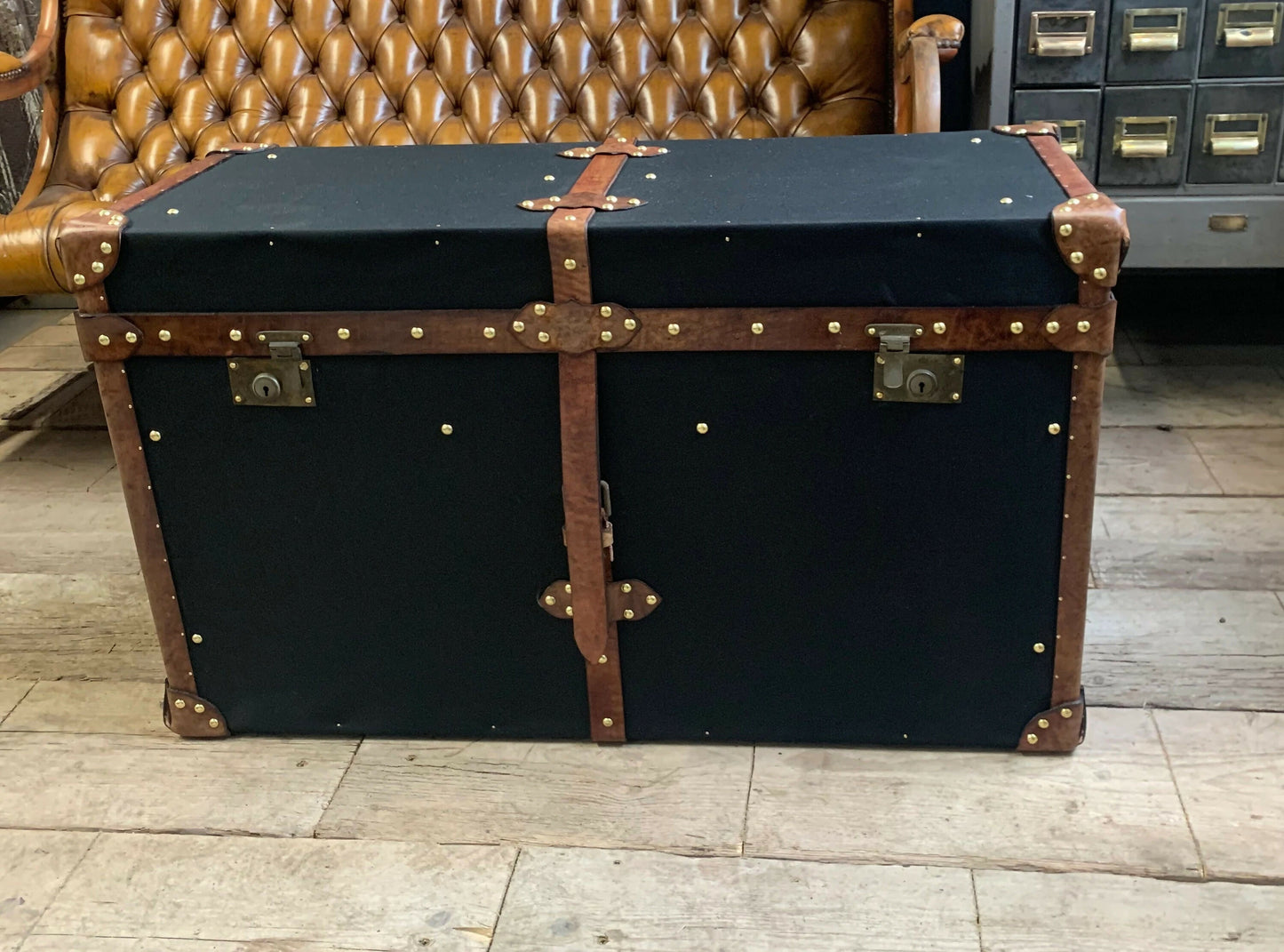 Vintage English Black Millerain Canvas & Tan Leather Coffee Table Trunk