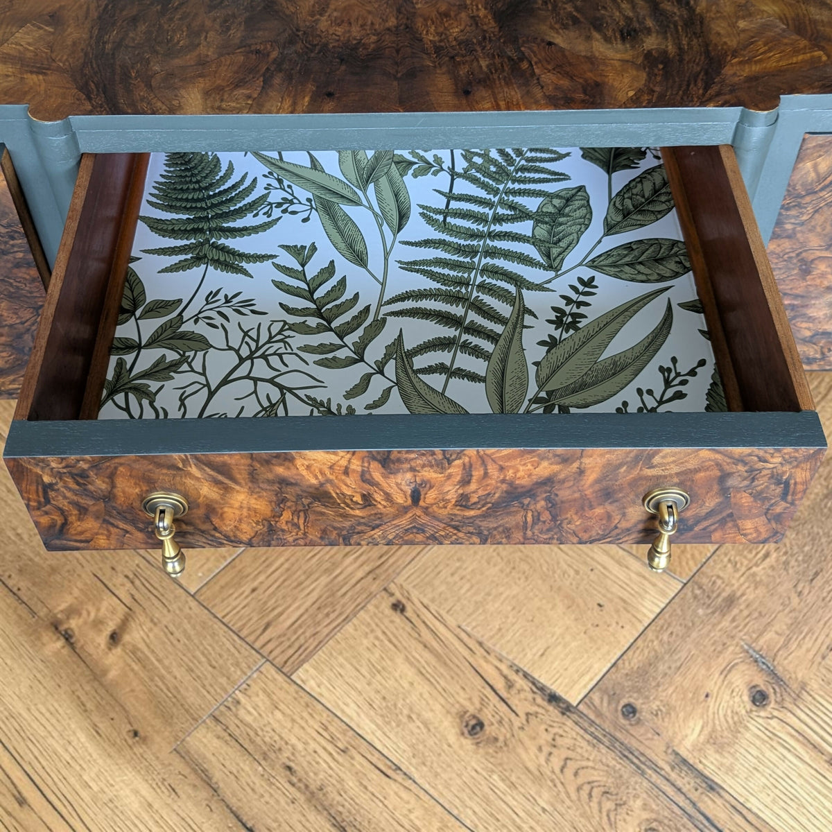 Vintage Art Deco dark green Walnut Burr Wood Desk Writing Table