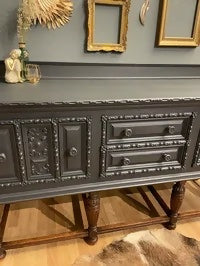 Vintage carved large dark grey & oak sideboard