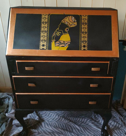 THE AFRICAN ASPECTS UPCYCLED - ONE-OFF FURNITURE ART “Echoes of Her” black, gold and copper bureau