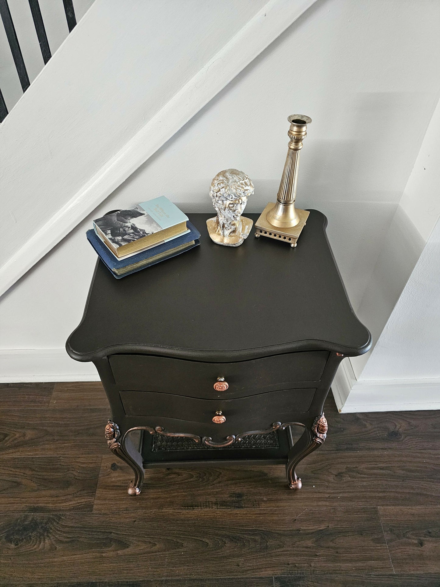 French Side Table Console Table Nightsta in Chocolate Colour with Copper Accents