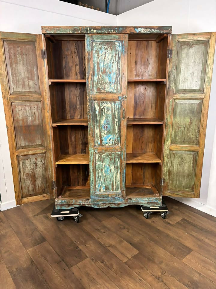 Large Vintage Rustic Indian Triple Door Cupboard in Distressed Blue