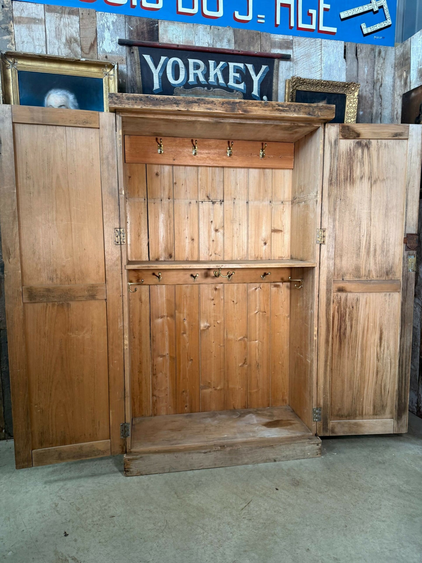 Antique Early Victorian Pine Narrow Hall Housekeeper Cloak Storage Cupboard, c 1830